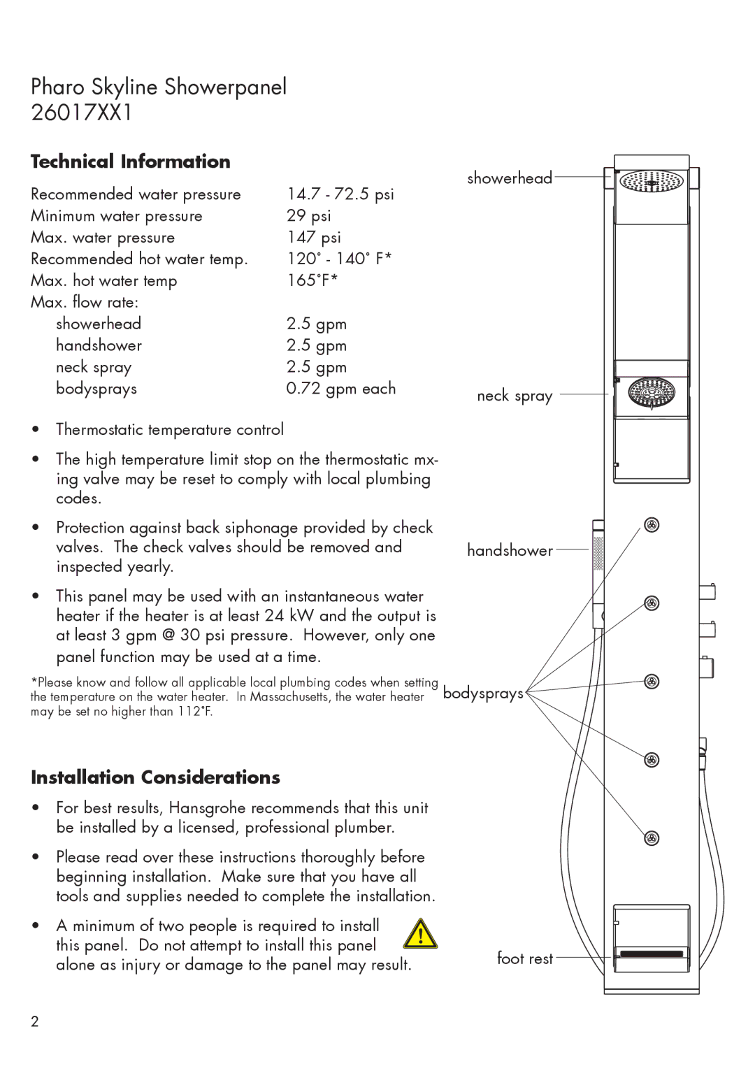 Hans Grohe 26017XX1 installation instructions Technical Information, Installation Considerations 