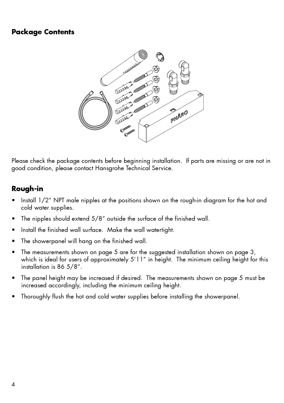 Hans Grohe 26017XX1 installation instructions Package Contents, Rough-in 