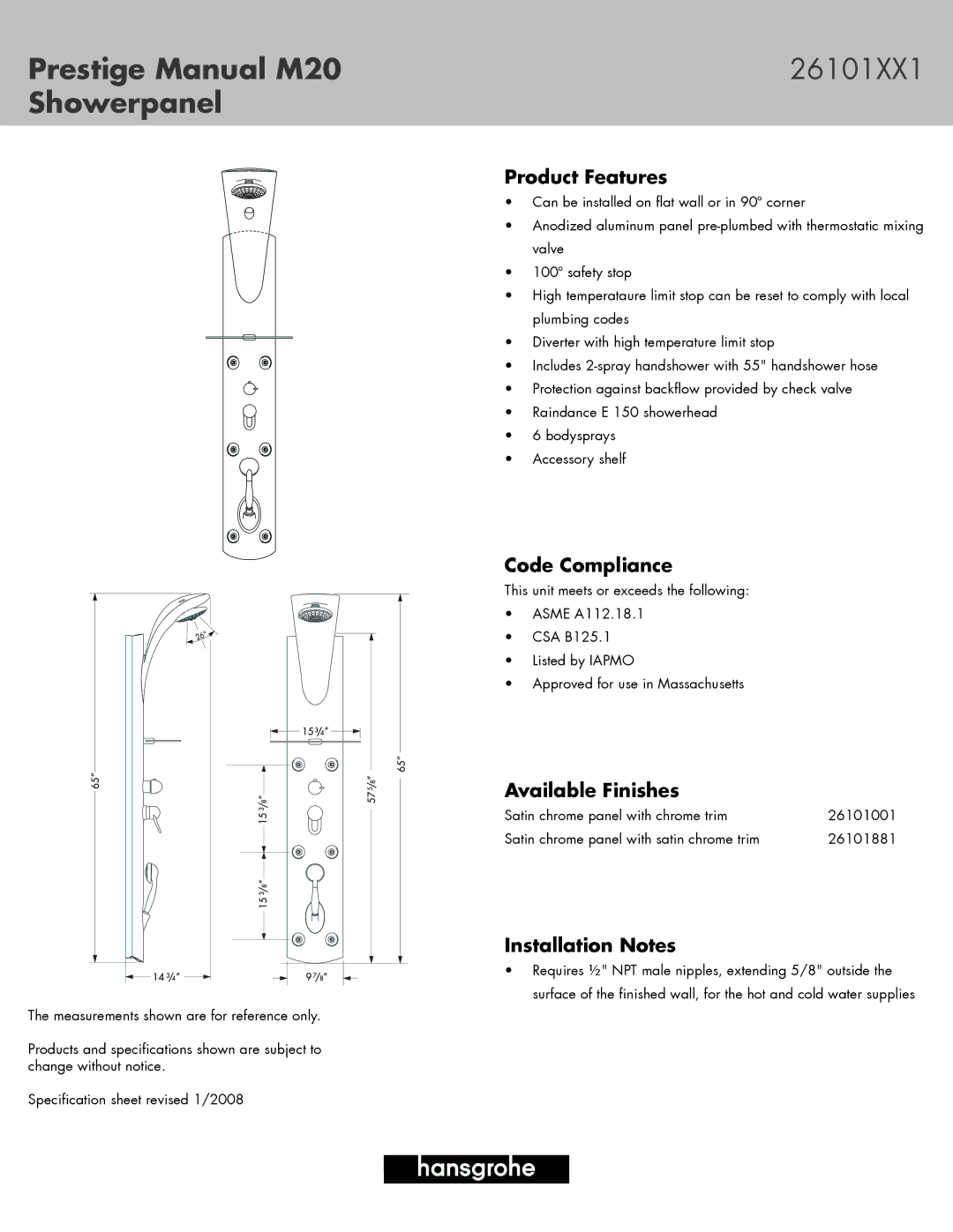 Hans Grohe specifications Prestige Manual M20 26101XX1 Showerpanel, Product Features, Code Compliance 