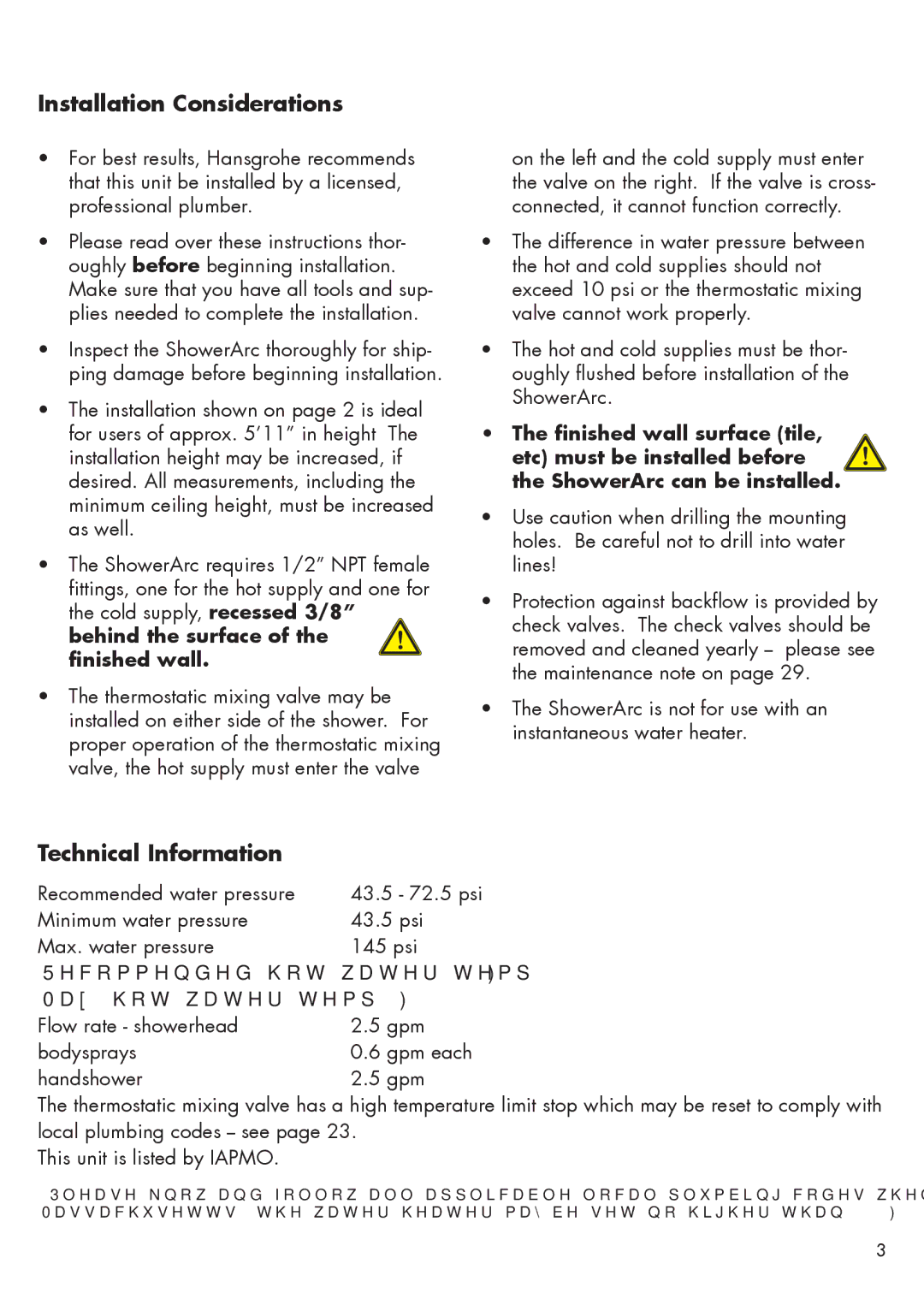 Hans Grohe 26396001 installation instructions Installation Considerations, Technical Information 