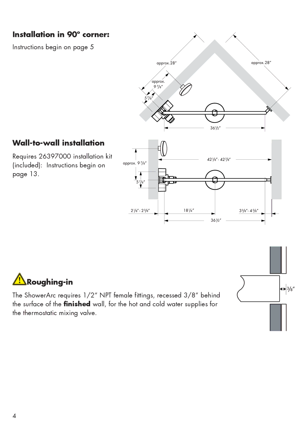 Hans Grohe 26396001 installation instructions Installation in 90º corner, Wall-to-wall installation, Roughing-in 