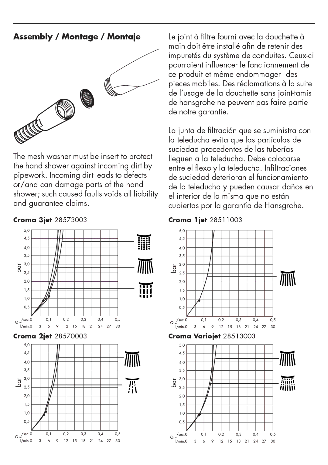 Hans Grohe 28570001, 28511001, 28513003, 28511003, 28570003, 28513001, 28573003, 28573001 warranty Assembly / Montage / Montaje 