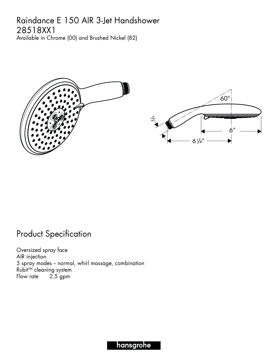 Hans Grohe 28518XX1 manual Raindance E 150 AIR 3-Jet Handshower, Product Specification 