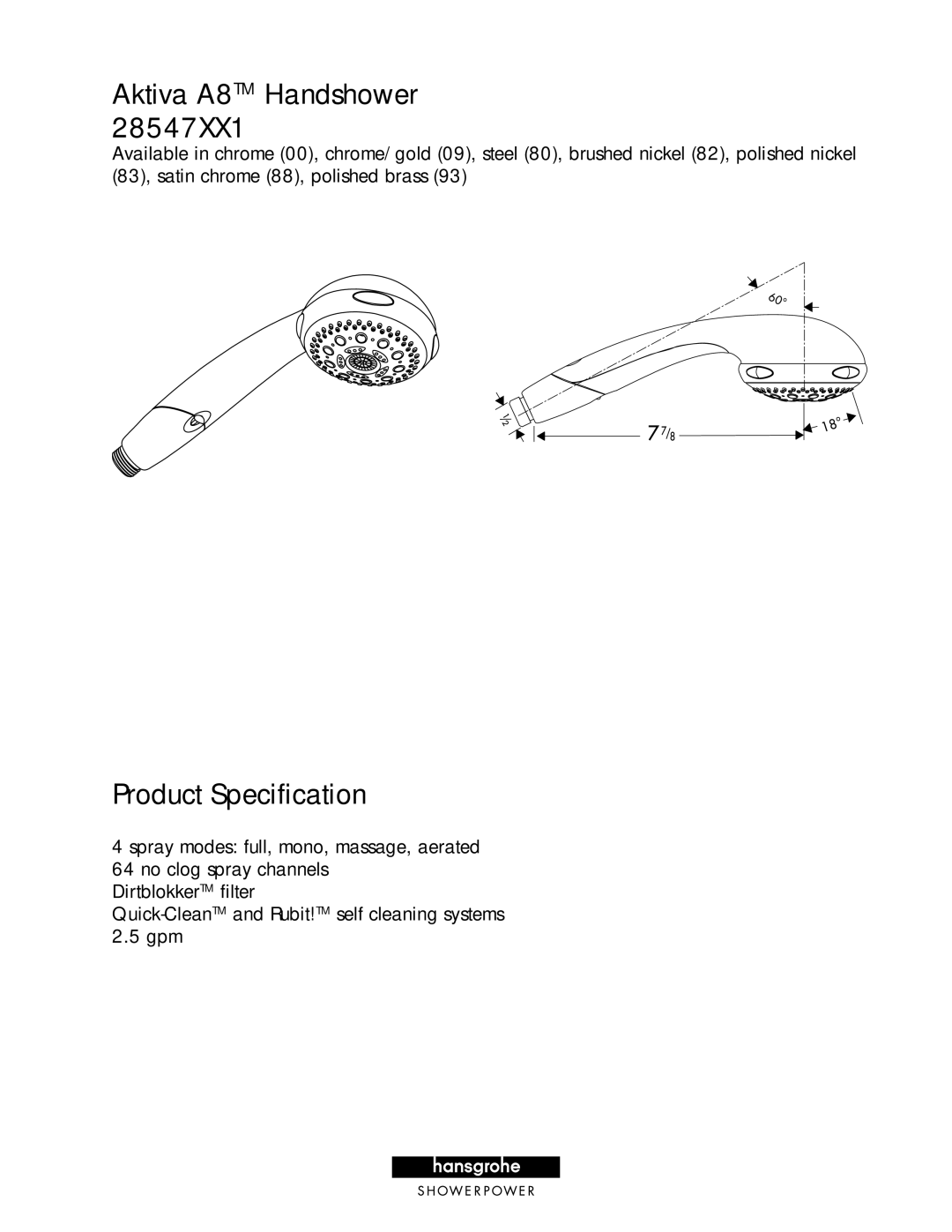 Hans Grohe 28547XX1 manual Aktiva A8TM Handshower, Product Specification 