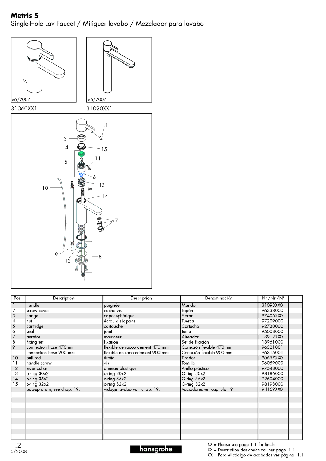 Hans Grohe manual Metris S, 31060XX1 31020XX1 