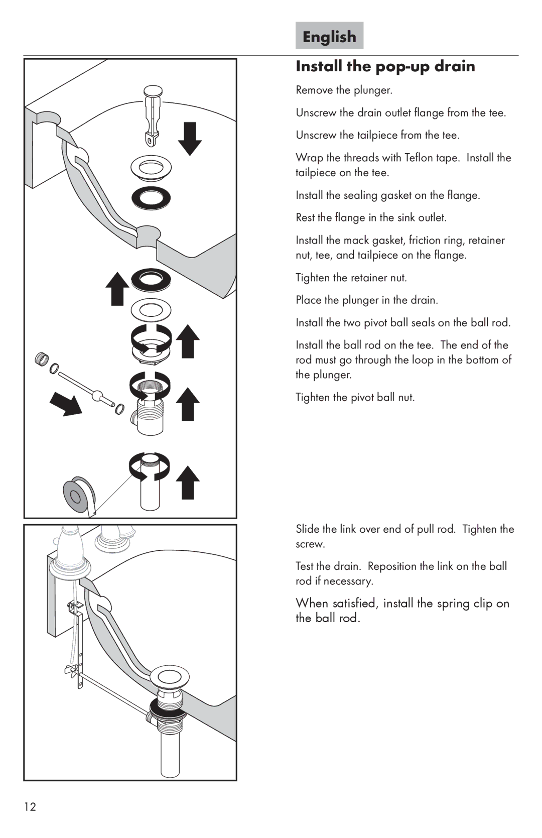 Hans Grohe 31073XX1 installation instructions English Install the pop-up drain 