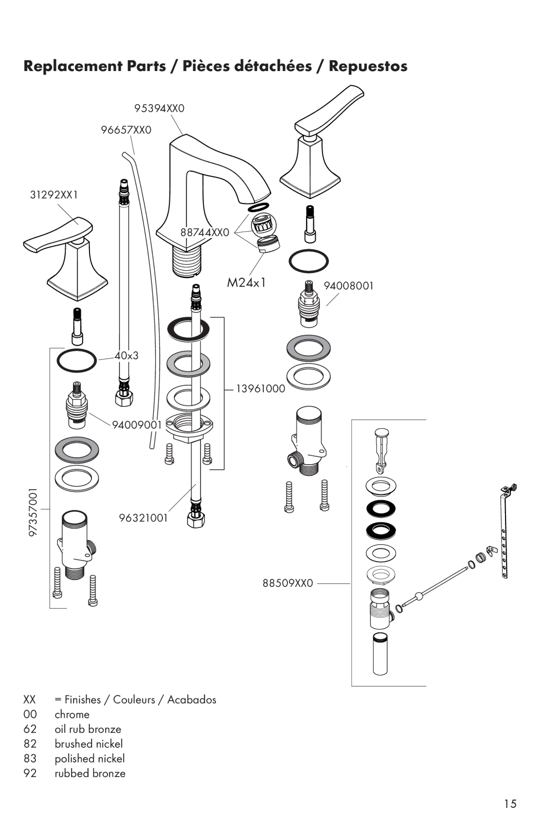 Hans Grohe 31073XX1 installation instructions Replacement Parts / Pièces détachées / Repuestos 