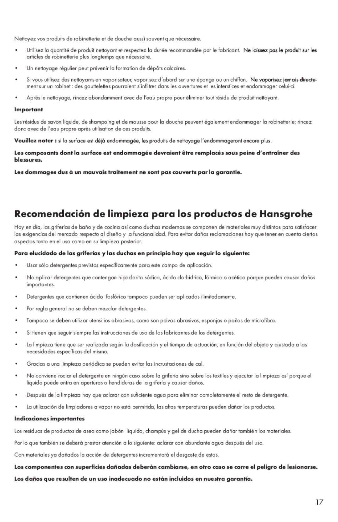 Hans Grohe 31073XX1 installation instructions Recomendación de limpieza para los productos de Hansgrohe 