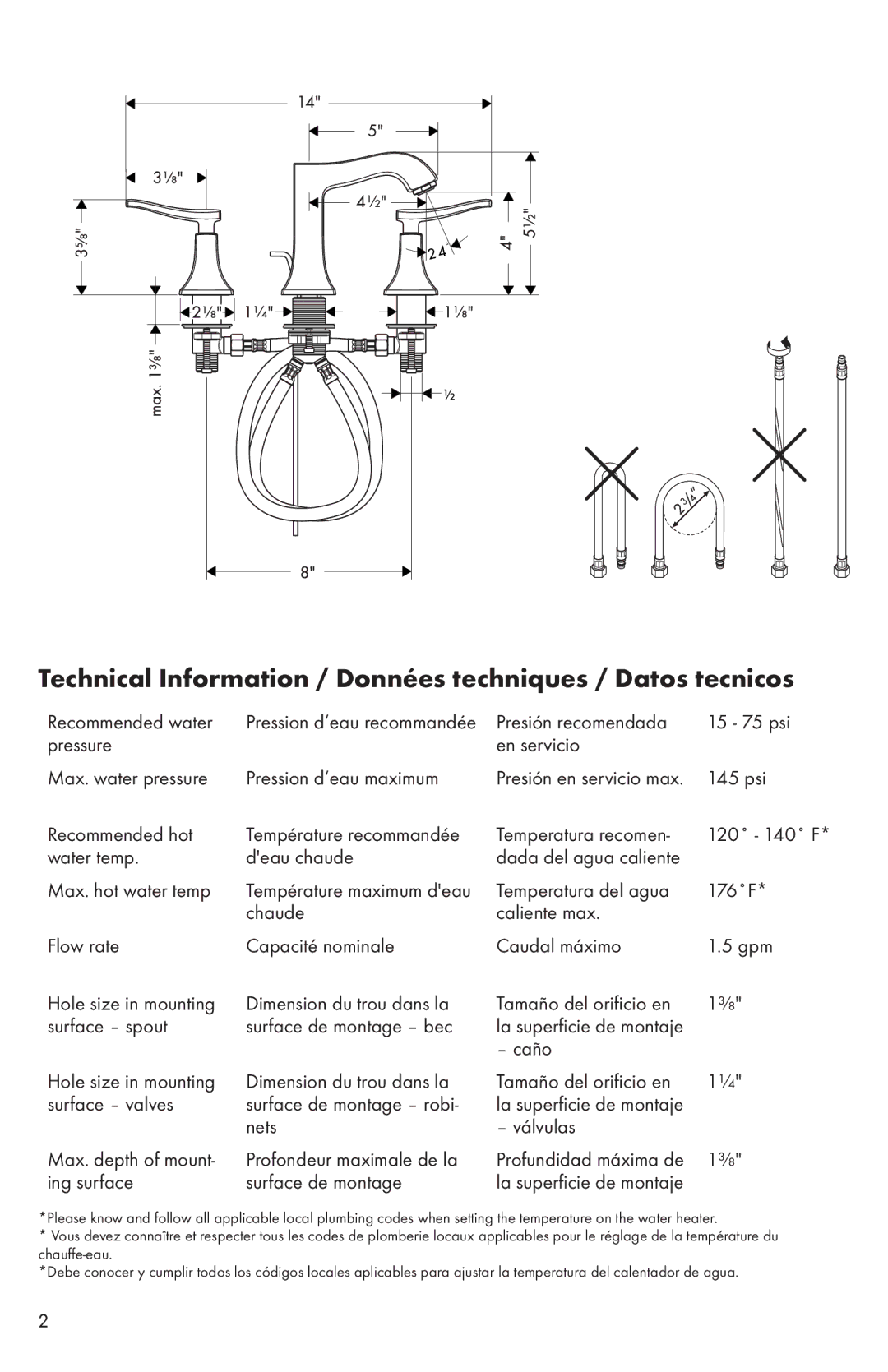 Hans Grohe 31073XX1 Technical Information / Données techniques / Datos tecnicos, Ing surface Surface de montage 