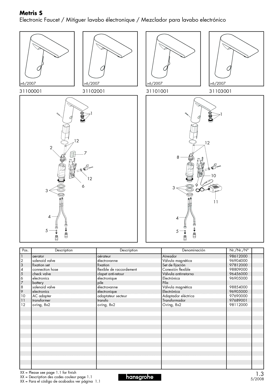 Hans Grohe manual Metris S, 31100001 31102001 31101001 31103001 