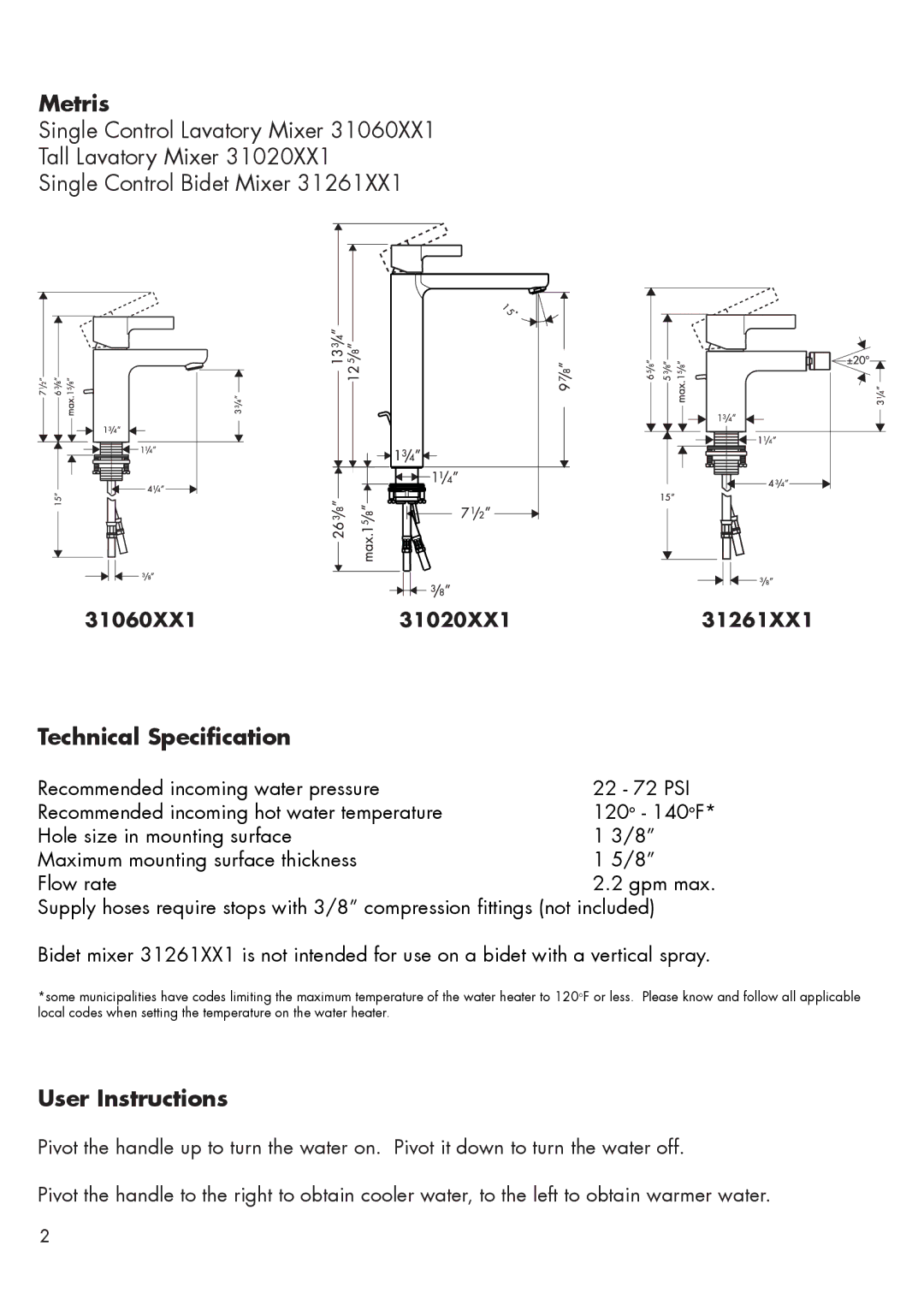 Hans Grohe 31261XX1 installation instructions Metris, Technical Specification, User Instructions 