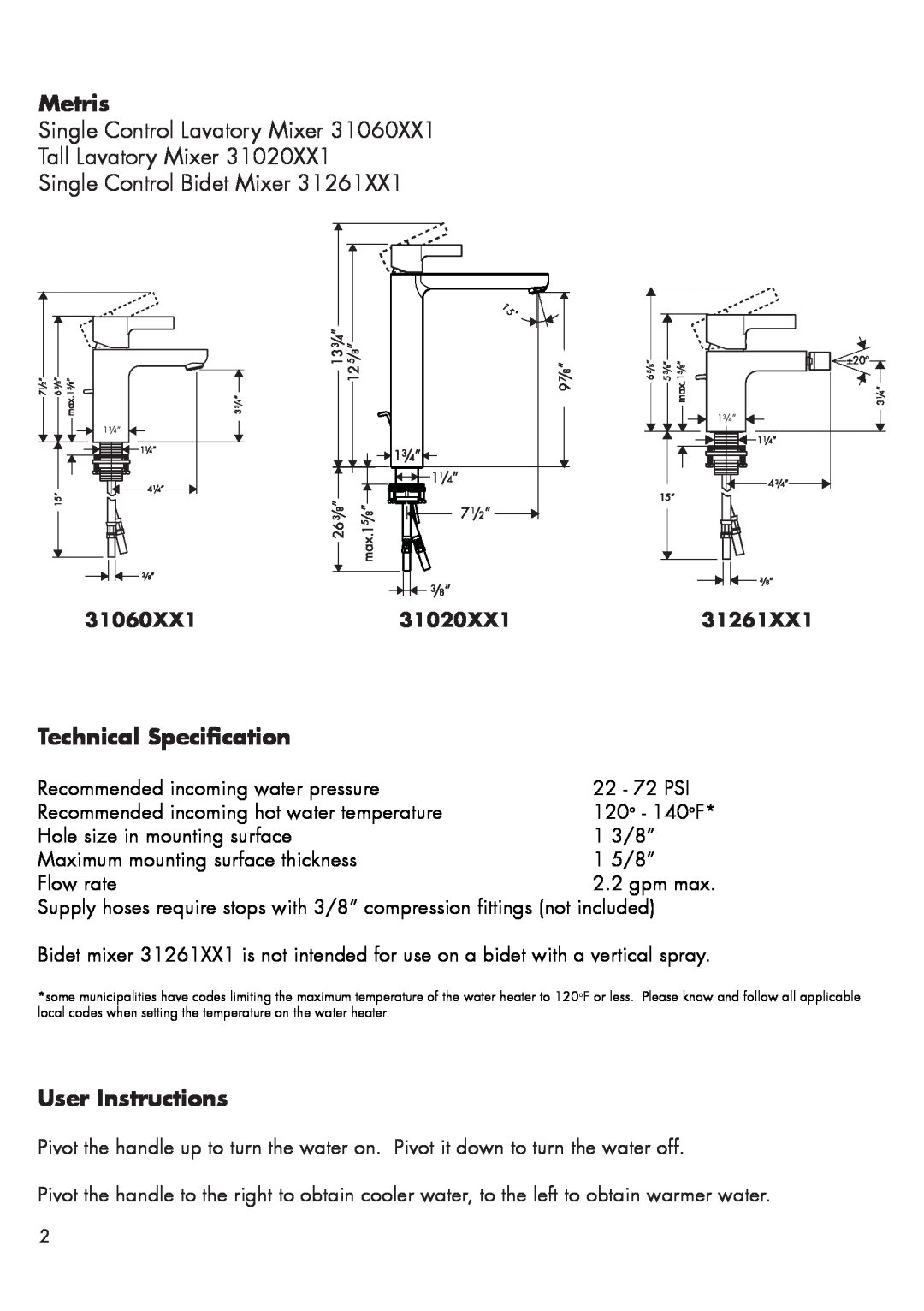 Hans Grohe 31261XX1 Metris, Technical Specification, User Instructions, 31060XX1, 31020XX1, Single Control Bidet Mixer 