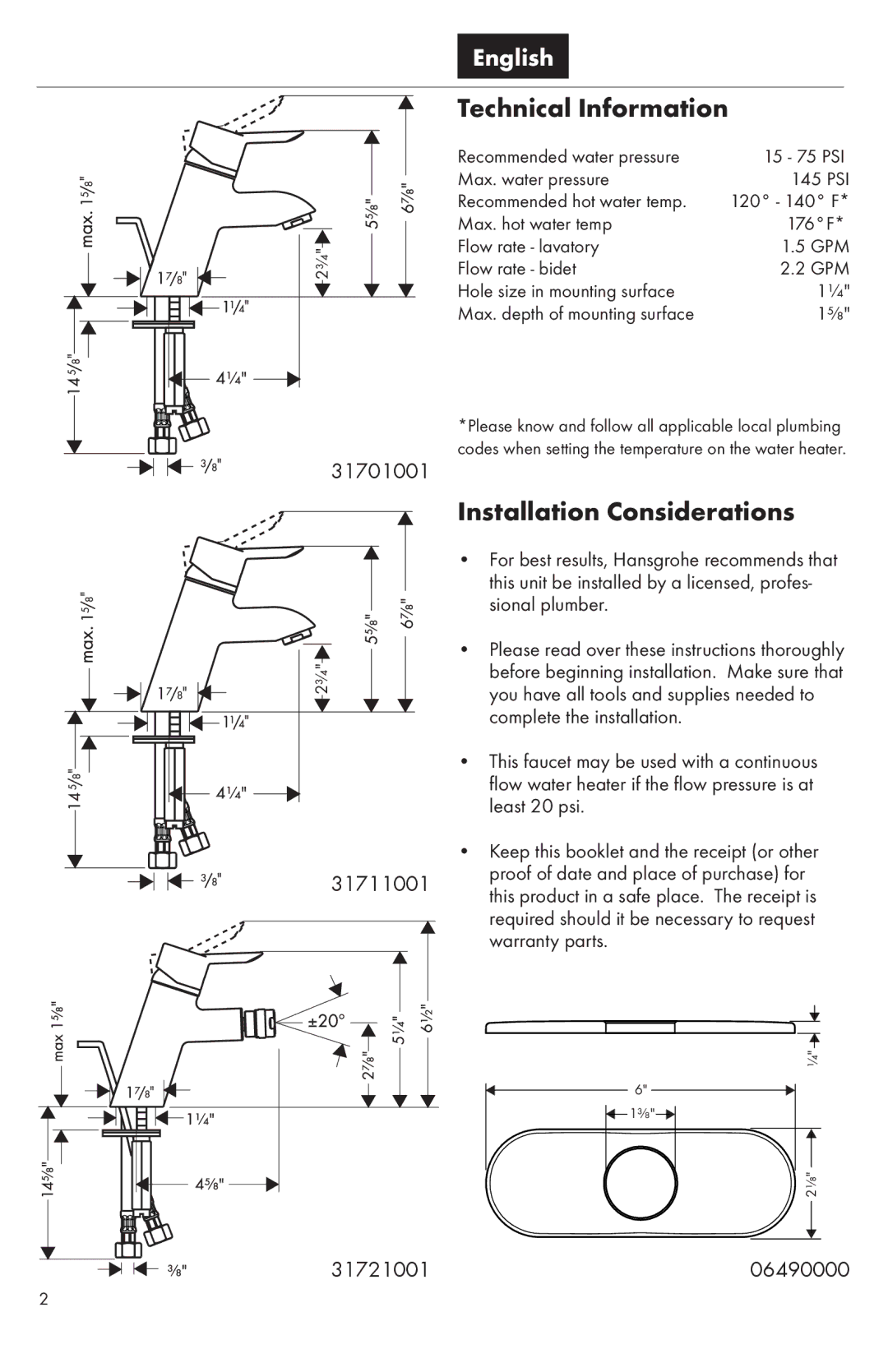 Hans Grohe 31721001, 31711001, 31701001 warranty Technical Information, Installation Considerations 