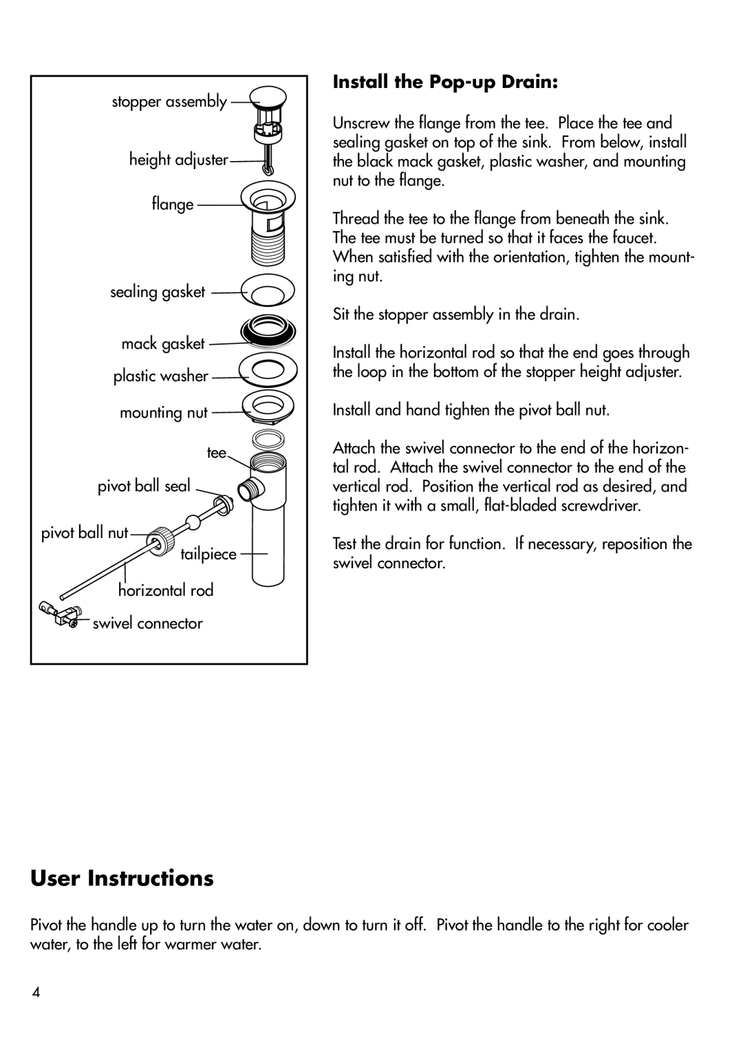 Hans Grohe 32020XX1 installation instructions User Instructions, Install the Pop-up Drain 