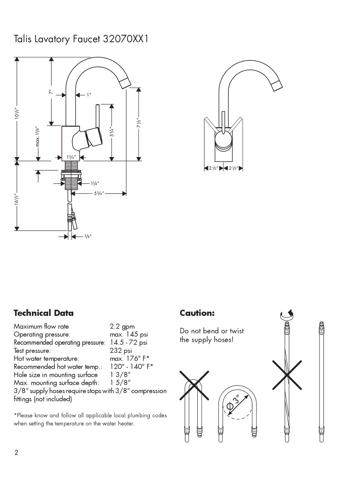 Hans Grohe 32070XX1 installation instructions Talis Lavatory Faucet, Technical Data 