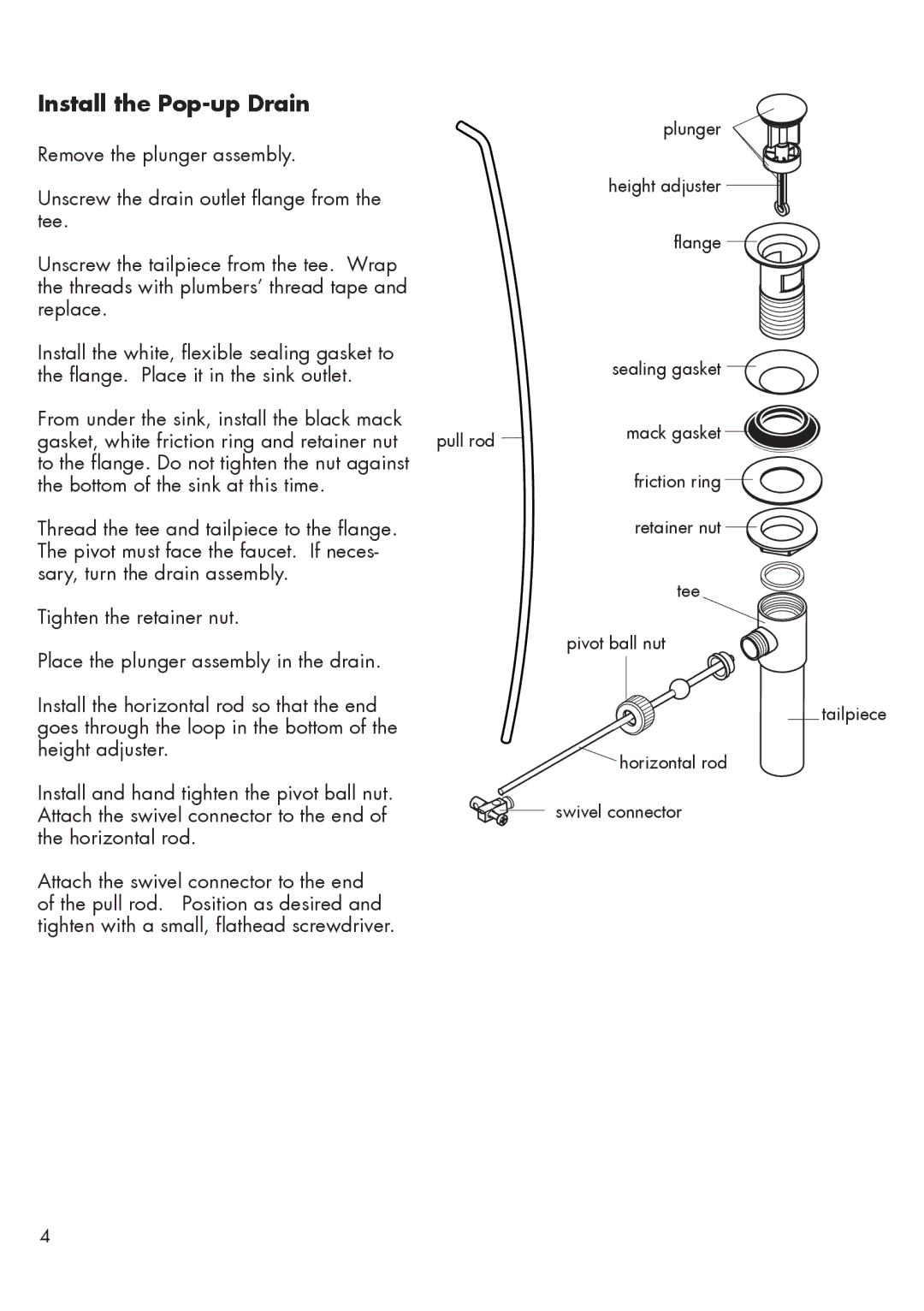 Hans Grohe 32070XX1 installation instructions Install the Pop-up Drain, Horizontal rod 