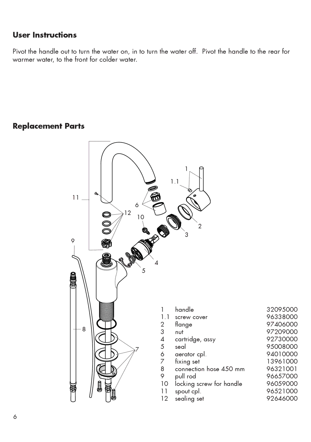 Hans Grohe 32070XX1 installation instructions User Instructions, Replacement Parts 