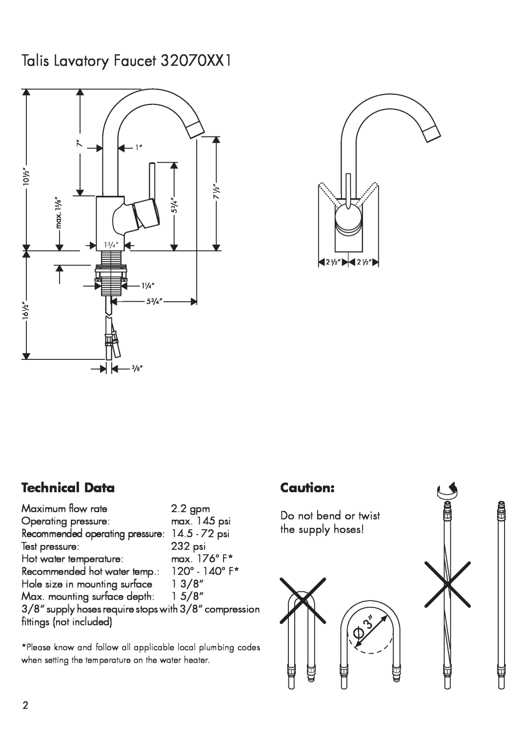 Hans Grohe 32070XX1 installation instructions Technical Data, Talis Lavatory Faucet 