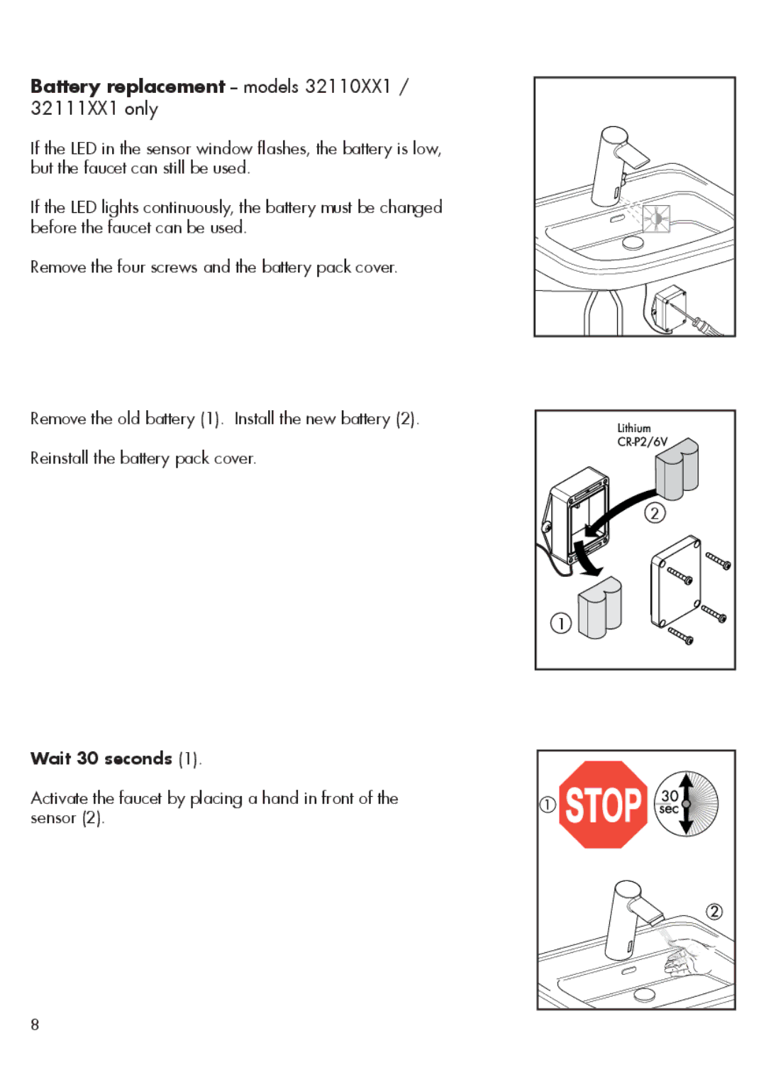 Hans Grohe 32110XX1, 32112XX1, 32113XX1 installation instructions Battery replacement -- models, 32111XX1 only 