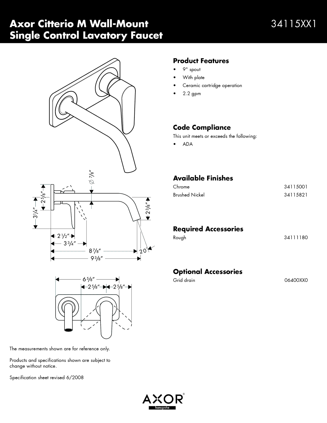 Hans Grohe 34115XX1 specifications Product Features, Code Compliance, Available Finishes, Required Accessories 