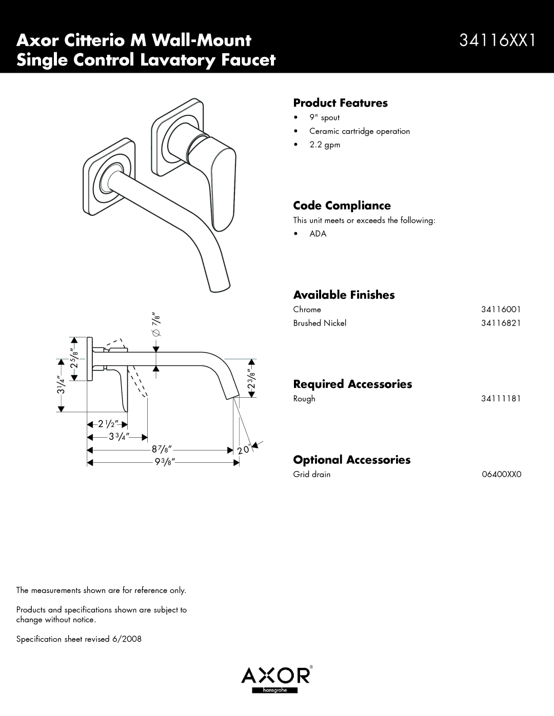 Hans Grohe 34116XX1 specifications Product Features, Code Compliance, Available Finishes, Required Accessories 