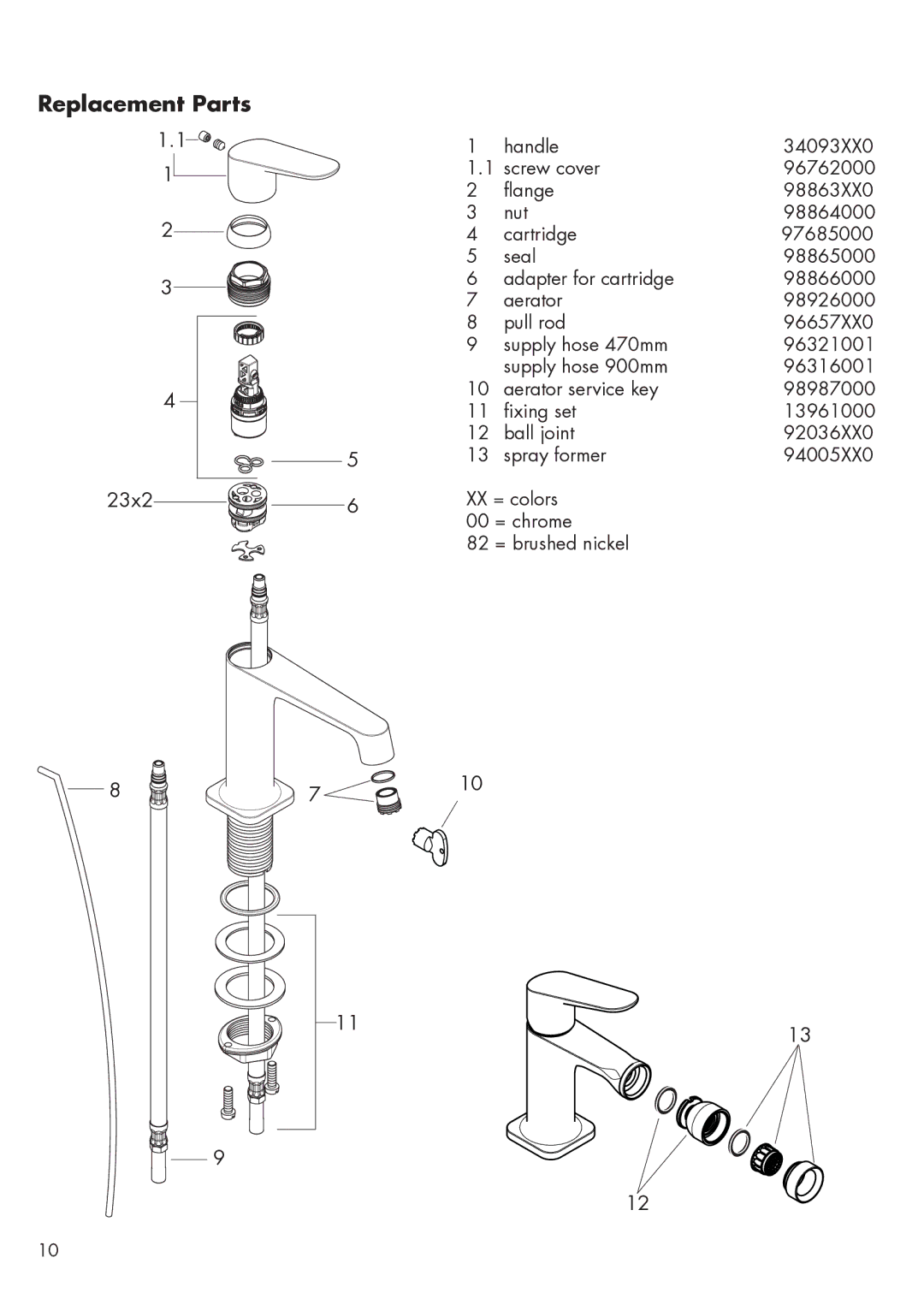 Hans Grohe 34120XX1, 34210XX1, 34017XX1, 34010XX1, 34016XX1, 34127XX1 installation instructions Replacement Parts, 23x2 