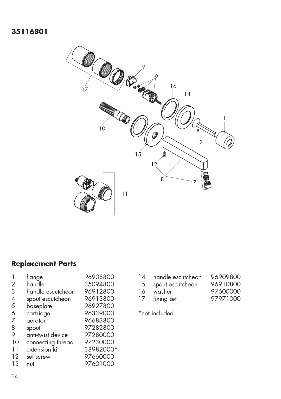 Hans Grohe 35116801, 35115801 installation instructions Replacement Parts 