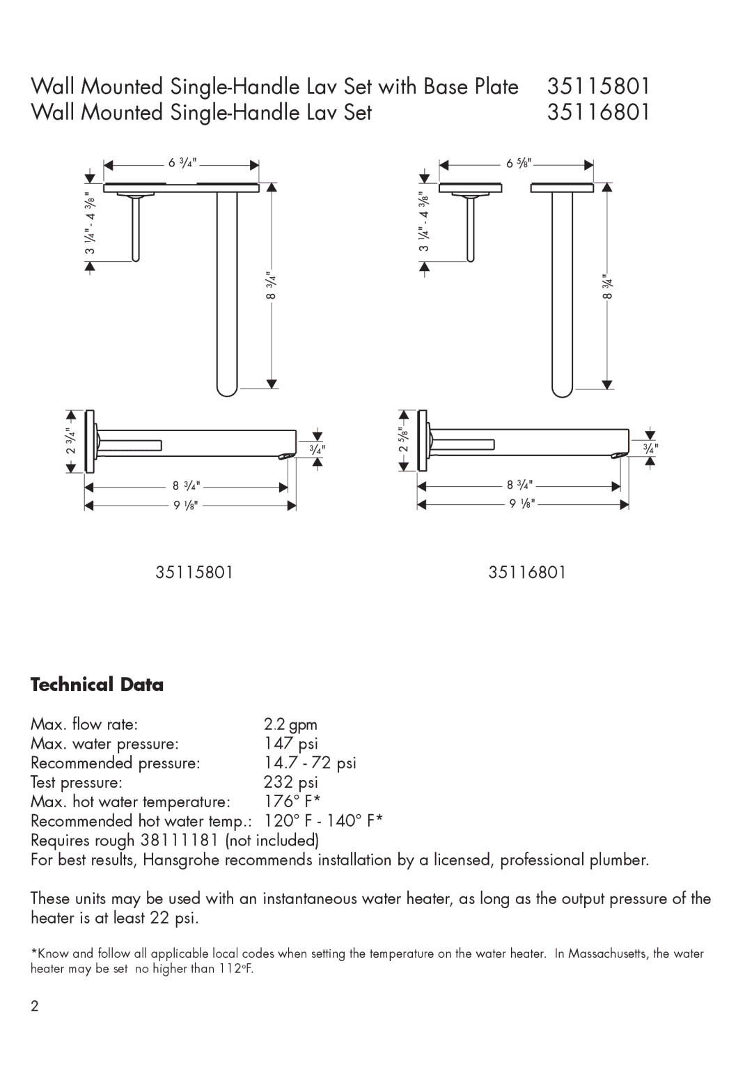 Hans Grohe 35116801, 35115801 installation instructions Technical Data 