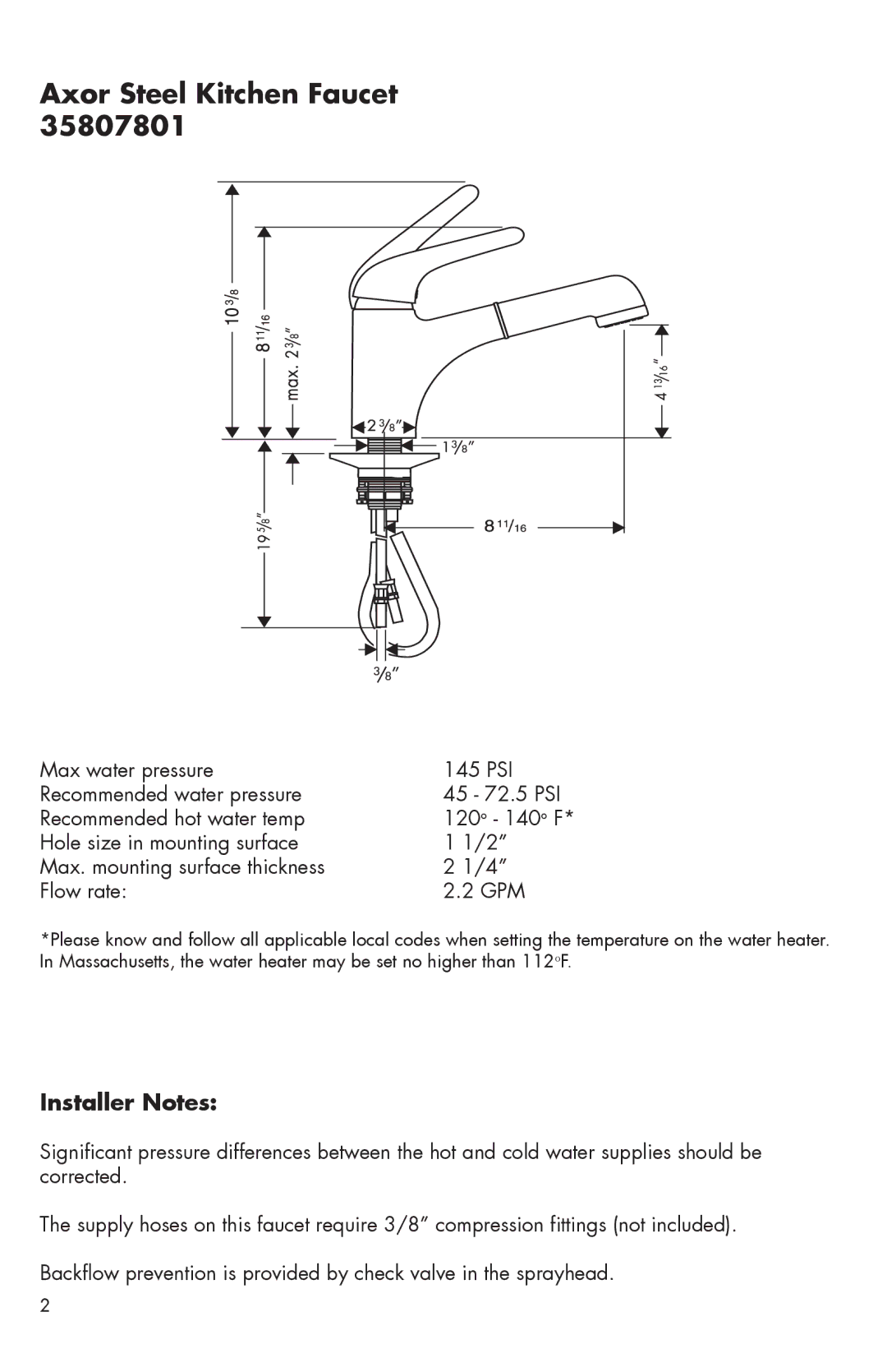 Hans Grohe 35807801 installation instructions Axor Steel Kitchen Faucet, Installer Notes 