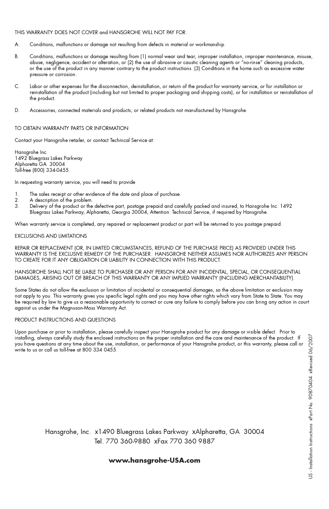 Hans Grohe 35807801 installation instructions To Obtain Warranty Parts or Information, Product Instructions and Questions 