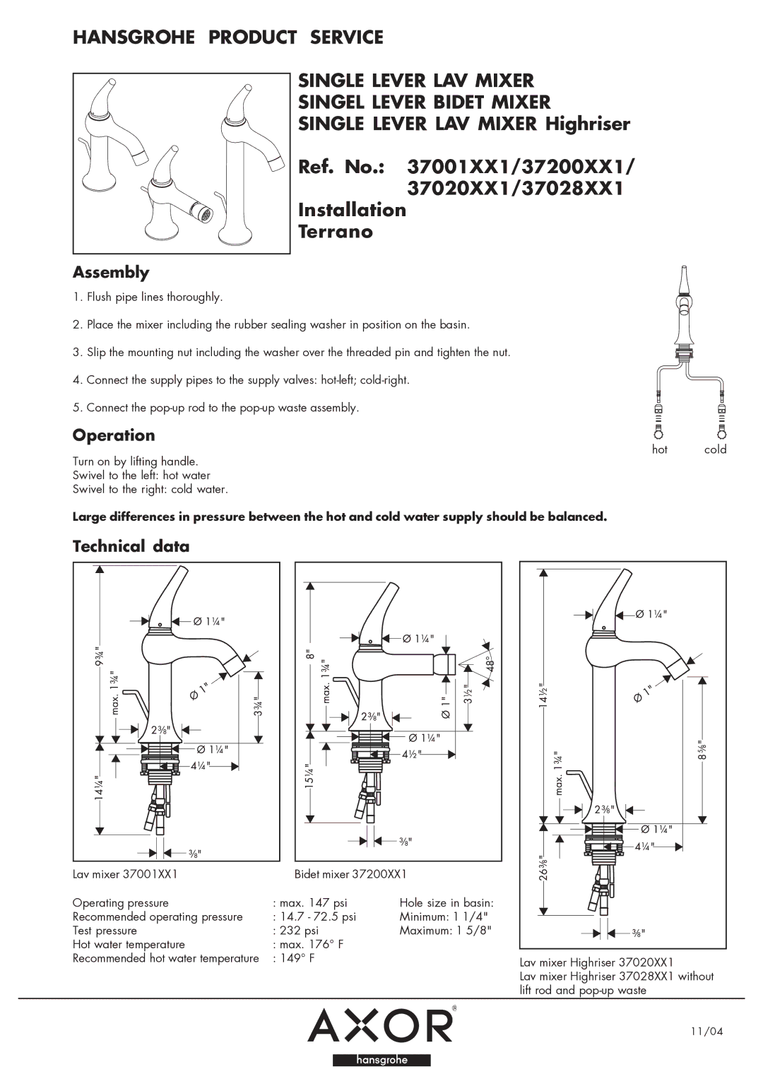 Hans Grohe 37200XX1, 37001XX1, 37028XX1 manual Assembly, Operation, Technical data 