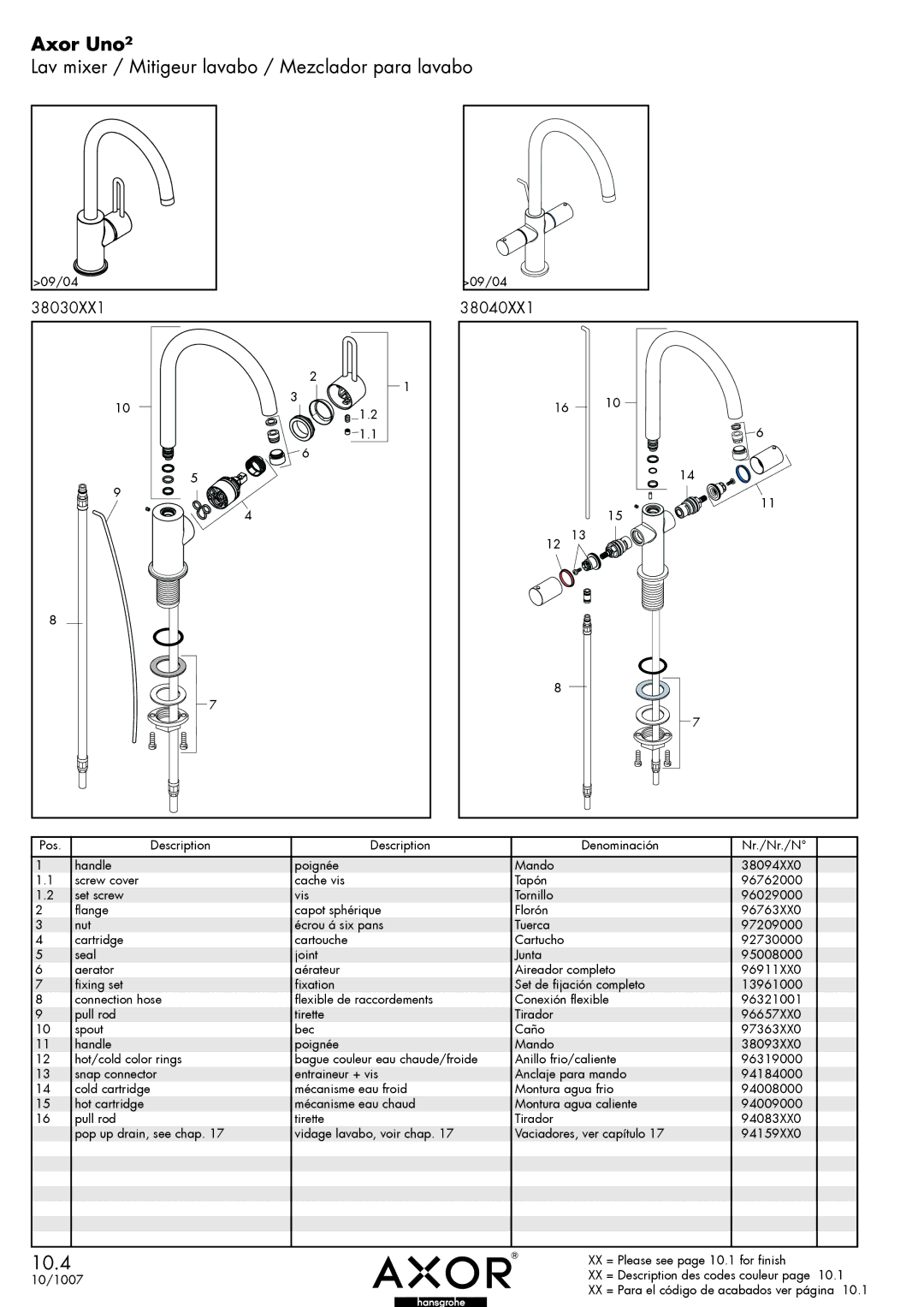 Hans Grohe 38030XX1 manual Axor Uno², Lav mixer / Mitigeur lavabo / Mezclador para lavabo, 38040XX1 