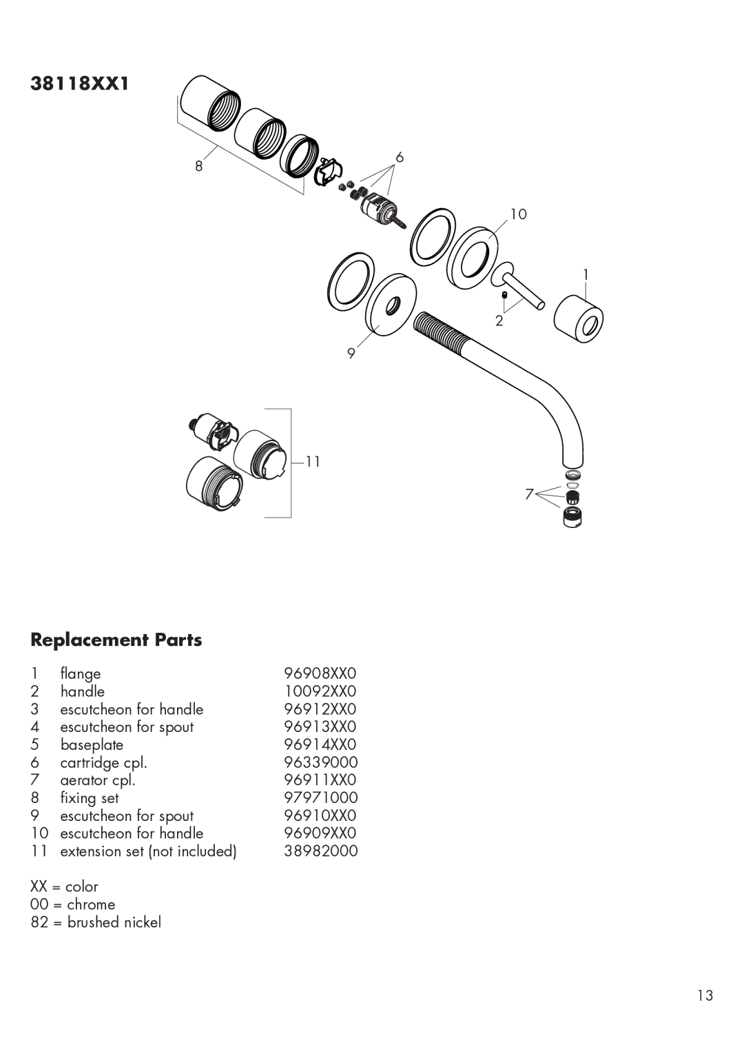 Hans Grohe 38117XX1 installation instructions 38118XX1 Replacement Parts 