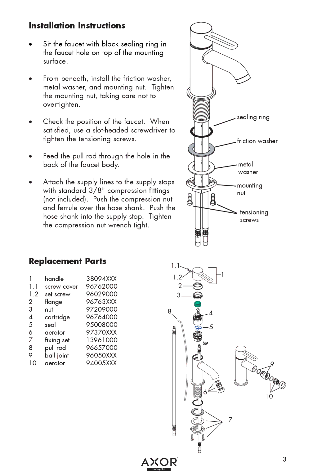 Hans Grohe 38210XX1, 38020XX1, 38025XX1 installation instructions Installation Instructions, Replacement Parts 