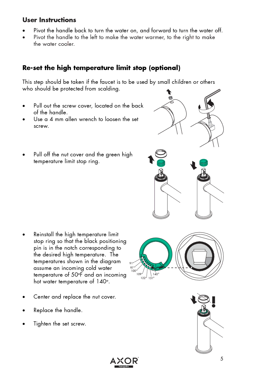 Hans Grohe 38025XX1, 38210XX1, 38020XX1 User Instructions, Re-set the high temperature limit stop optional 