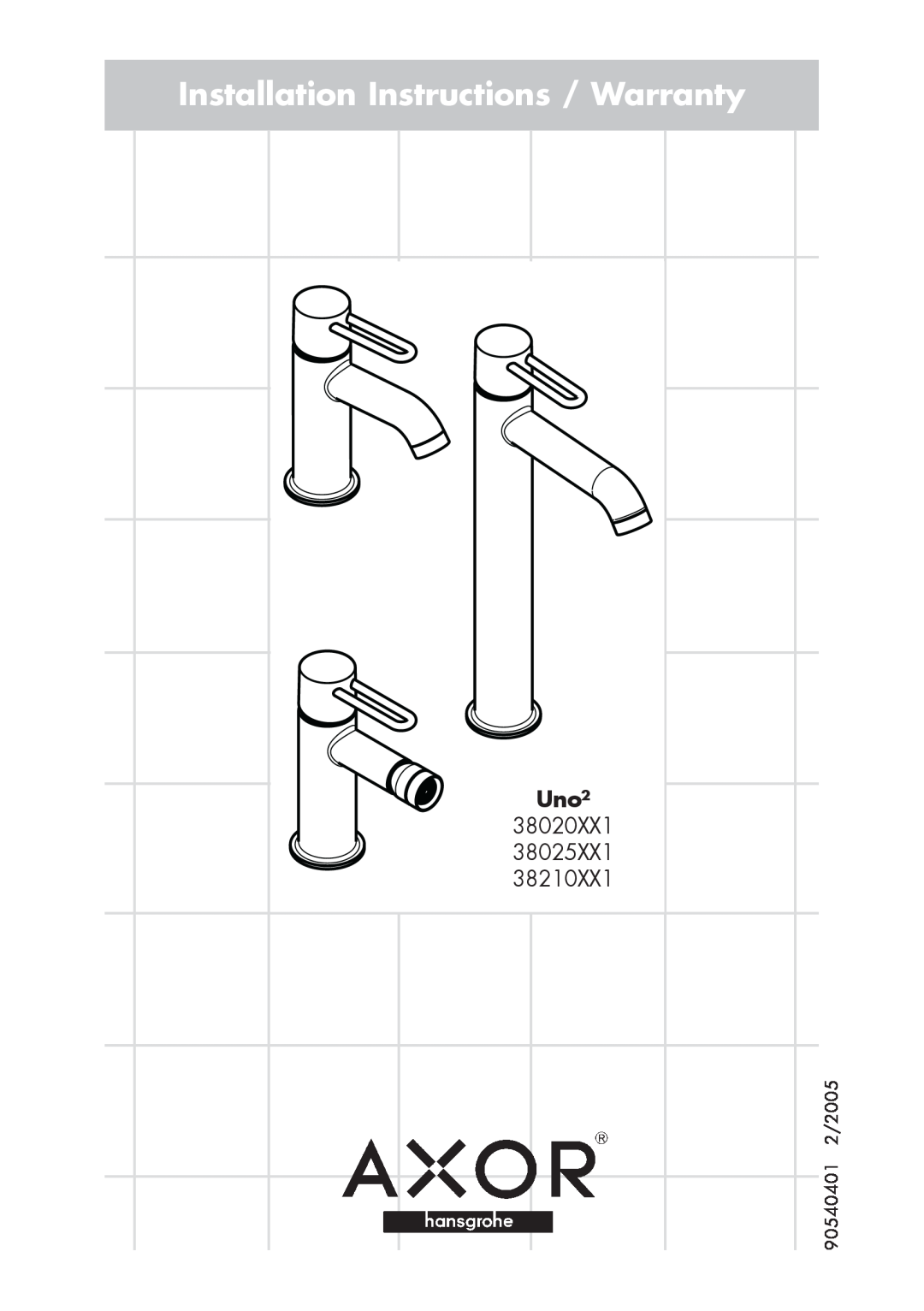 Hans Grohe 38020XX1 installation instructions Uno², Installation Instructions / Warranty, 38025XX1, 38210XX1 