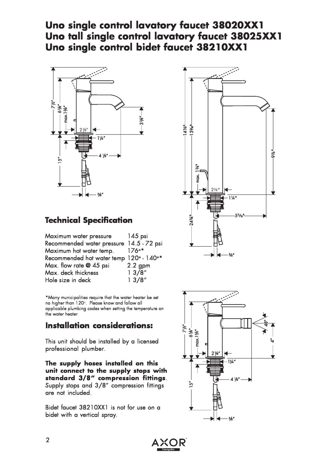 Hans Grohe 38025XX1, 38210XX1, 38020XX1 installation instructions Technical Specification, Installation considerations 