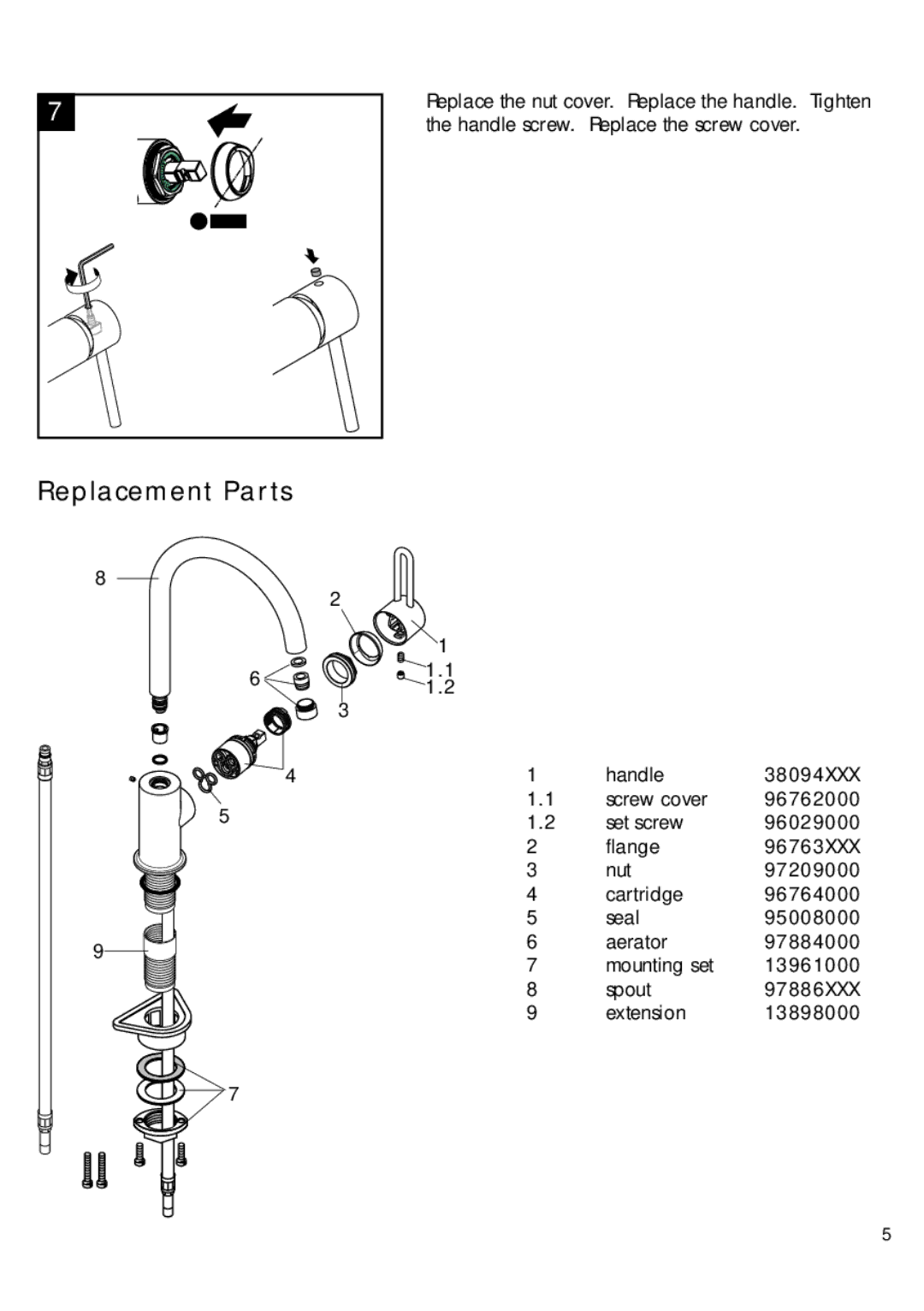 Hans Grohe 38830XX1 installation instructions Replacement Parts 