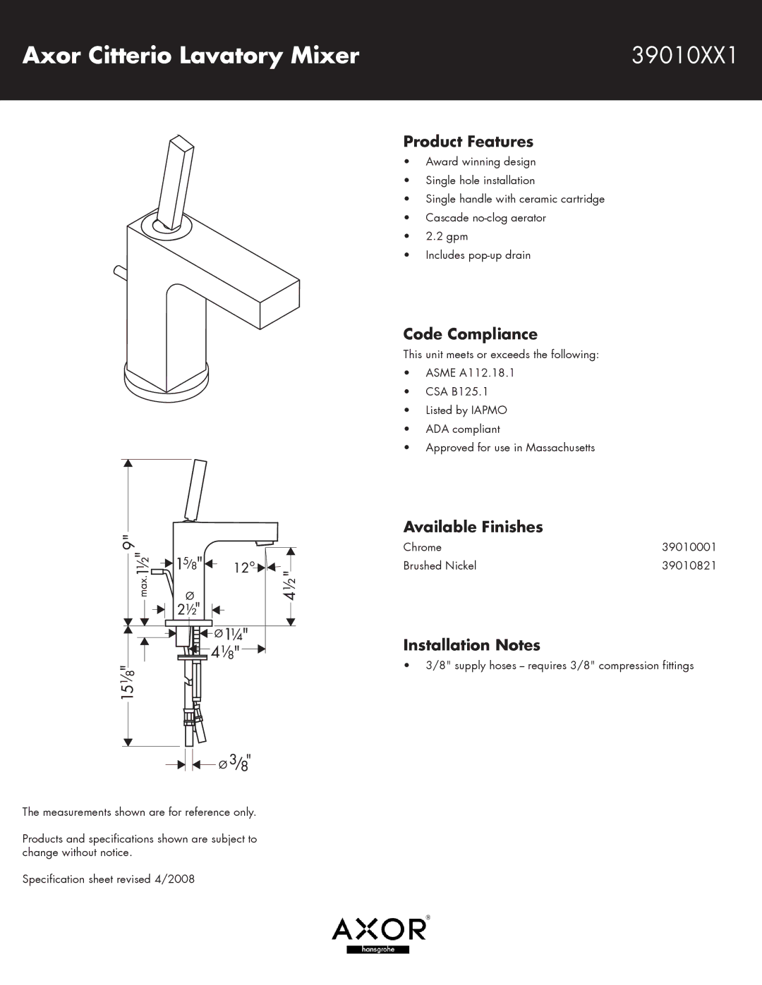 Hans Grohe specifications Axor Citterio Lavatory Mixer 39010XX1, Product Features, Code Compliance, Available Finishes 