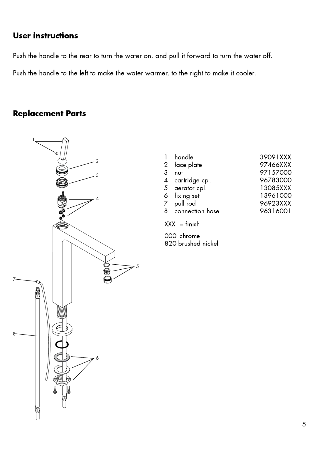 Hans Grohe 39020XX1 installation instructions User instructions, Replacement Parts 