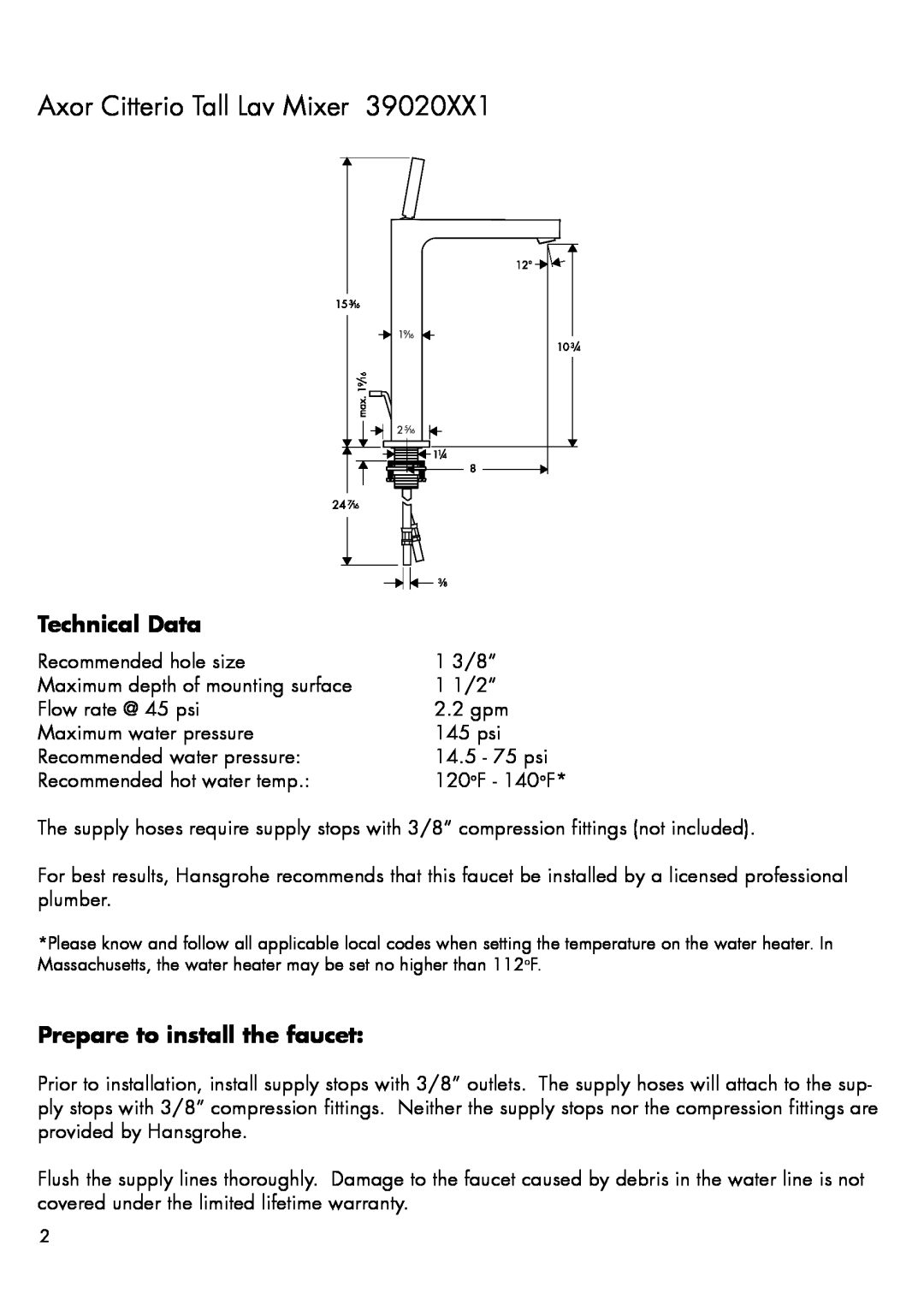 Hans Grohe 39020XX1 installation instructions Technical Data, Prepare to install the faucet, Axor Citterio Tall Lav Mixer 