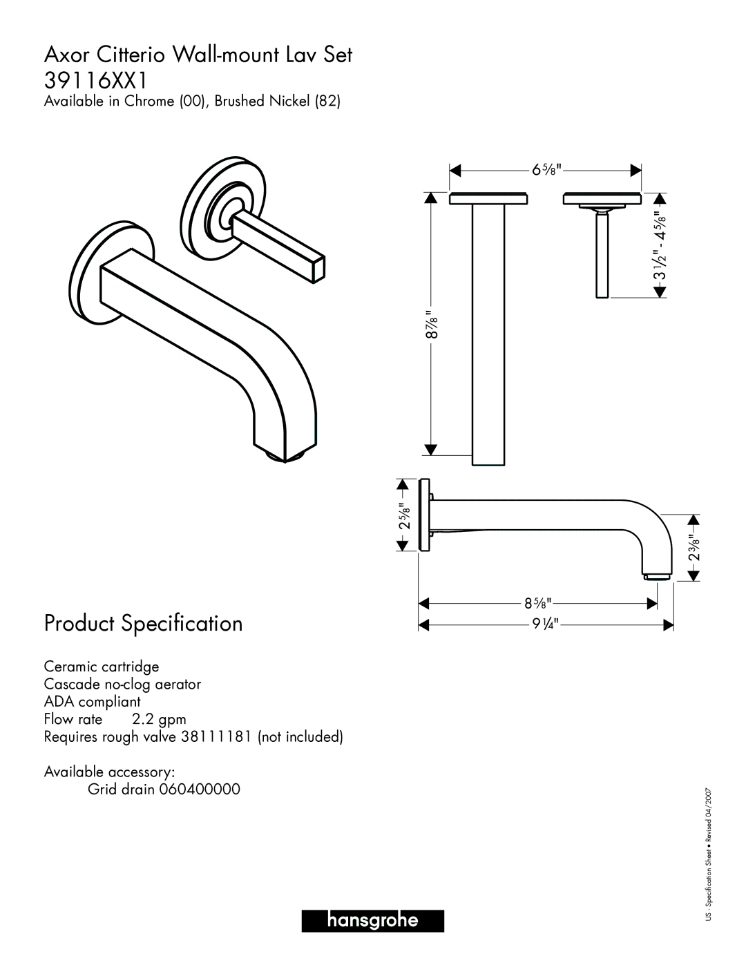 Hans Grohe 39116XX1 specifications Axor Citterio Wall-mount Lav Set, Product Specification 