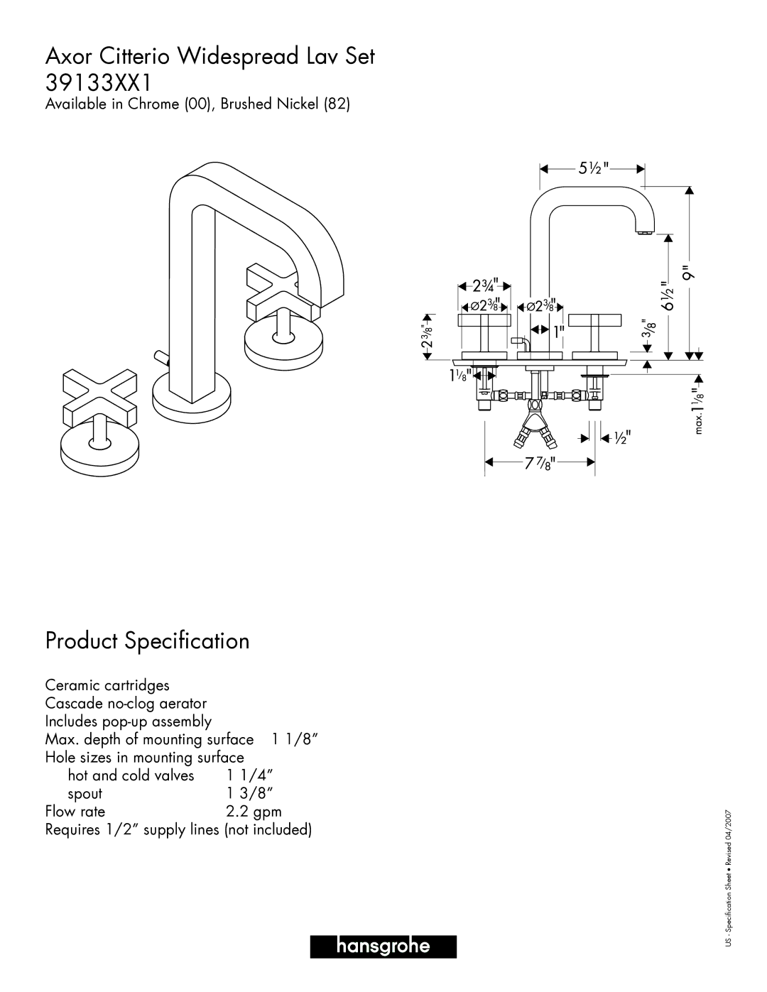 Hans Grohe 39133XX1 specifications Axor Citterio Widespread Lav Set, Product Specification 