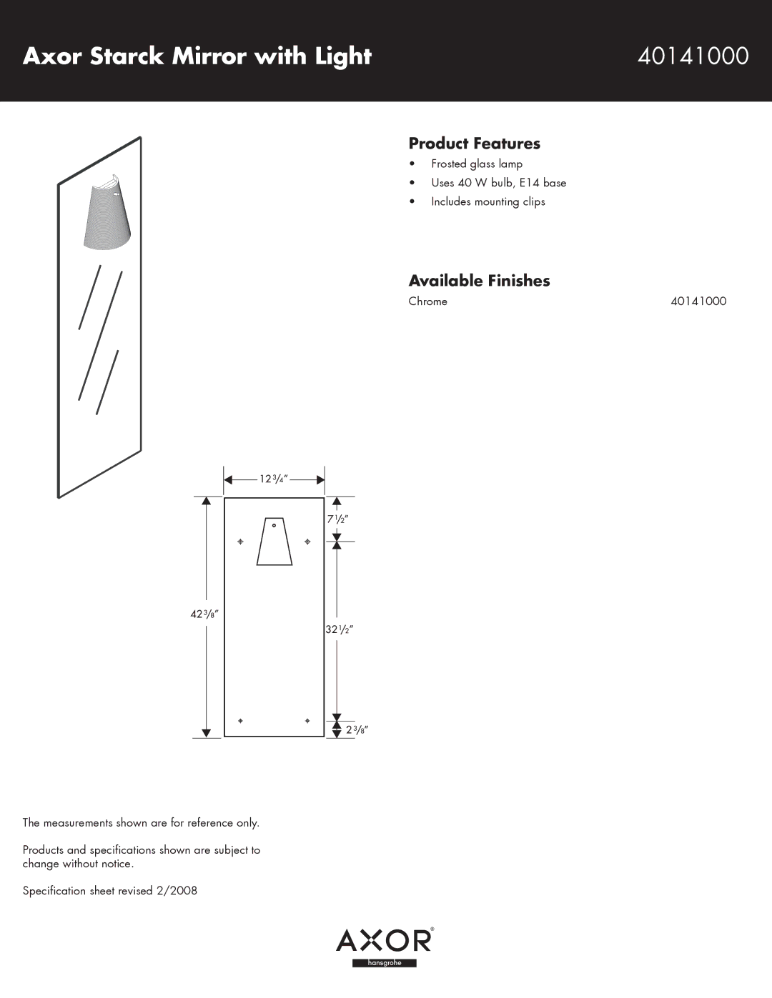 Hans Grohe specifications Axor Starck Mirror with Light 40141000, Product Features, Available Finishes 