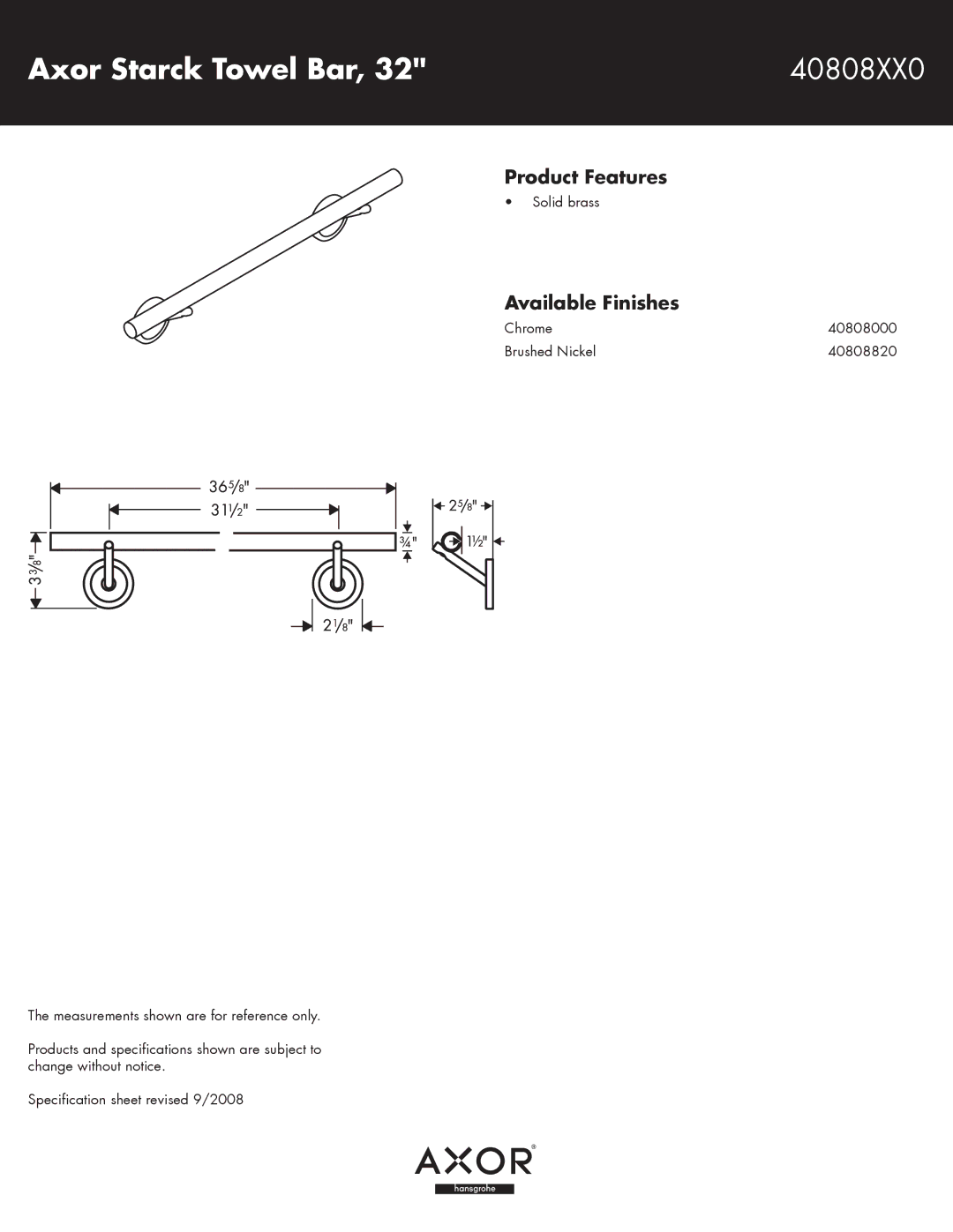 Hans Grohe specifications Axor Starck Towel Bar 40808XX0, Product Features, Available Finishes 