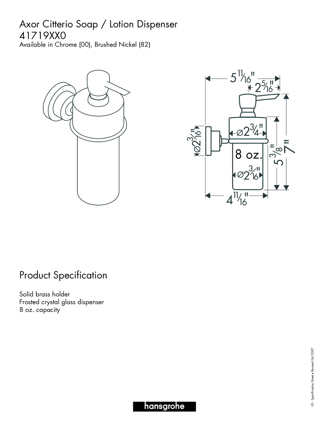 Hans Grohe 41719XX0 specifications Axor Citterio Soap / Lotion Dispenser, Product Specification 