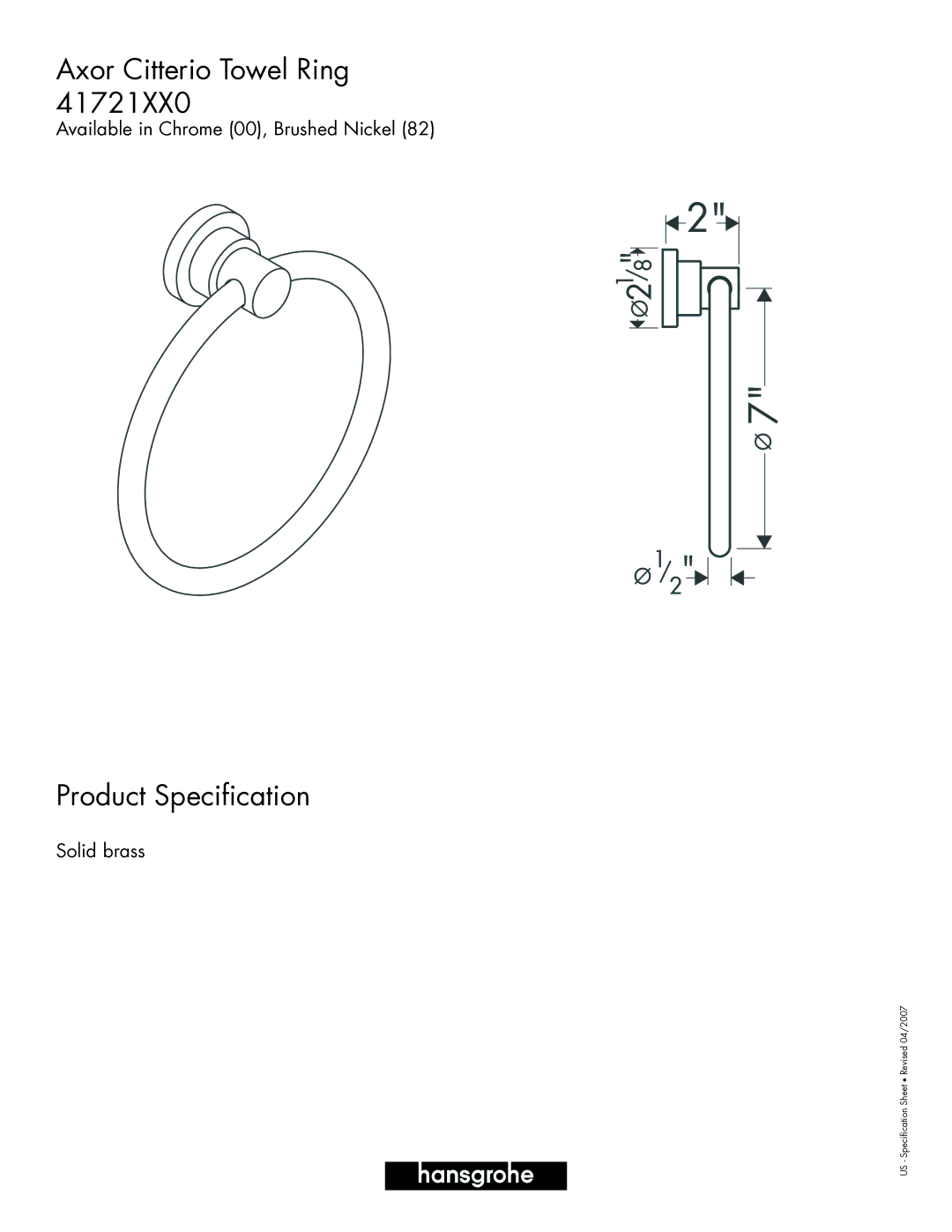 Hans Grohe 41721XX0 specifications Axor Citterio Towel Ring 