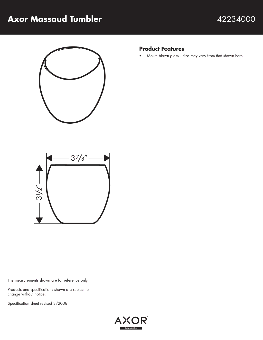 Hans Grohe specifications Axor Massaud Tumbler 42234000, Product Features 