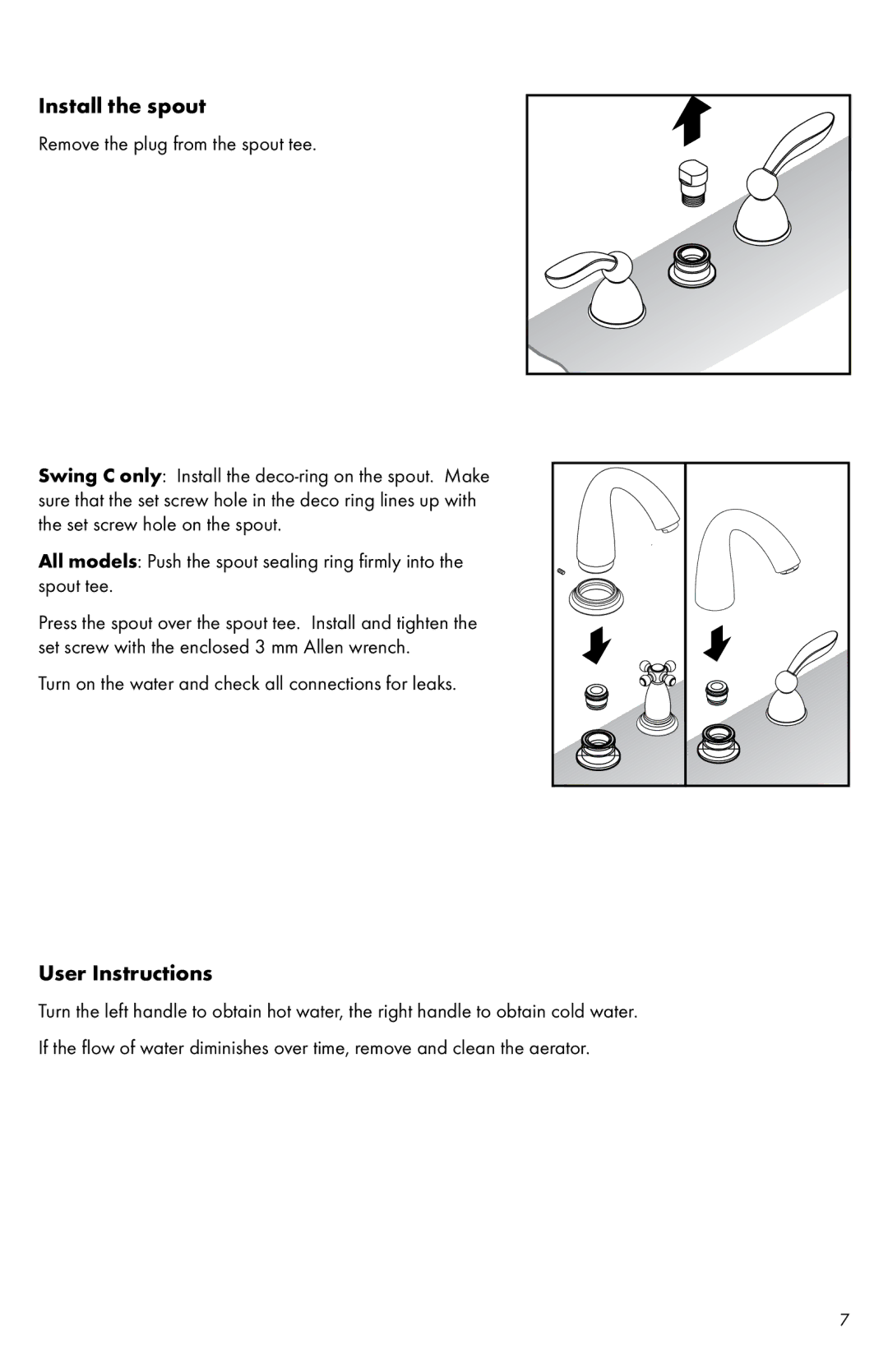 Hans Grohe 6607000 installation instructions Install the spout, User Instructions 