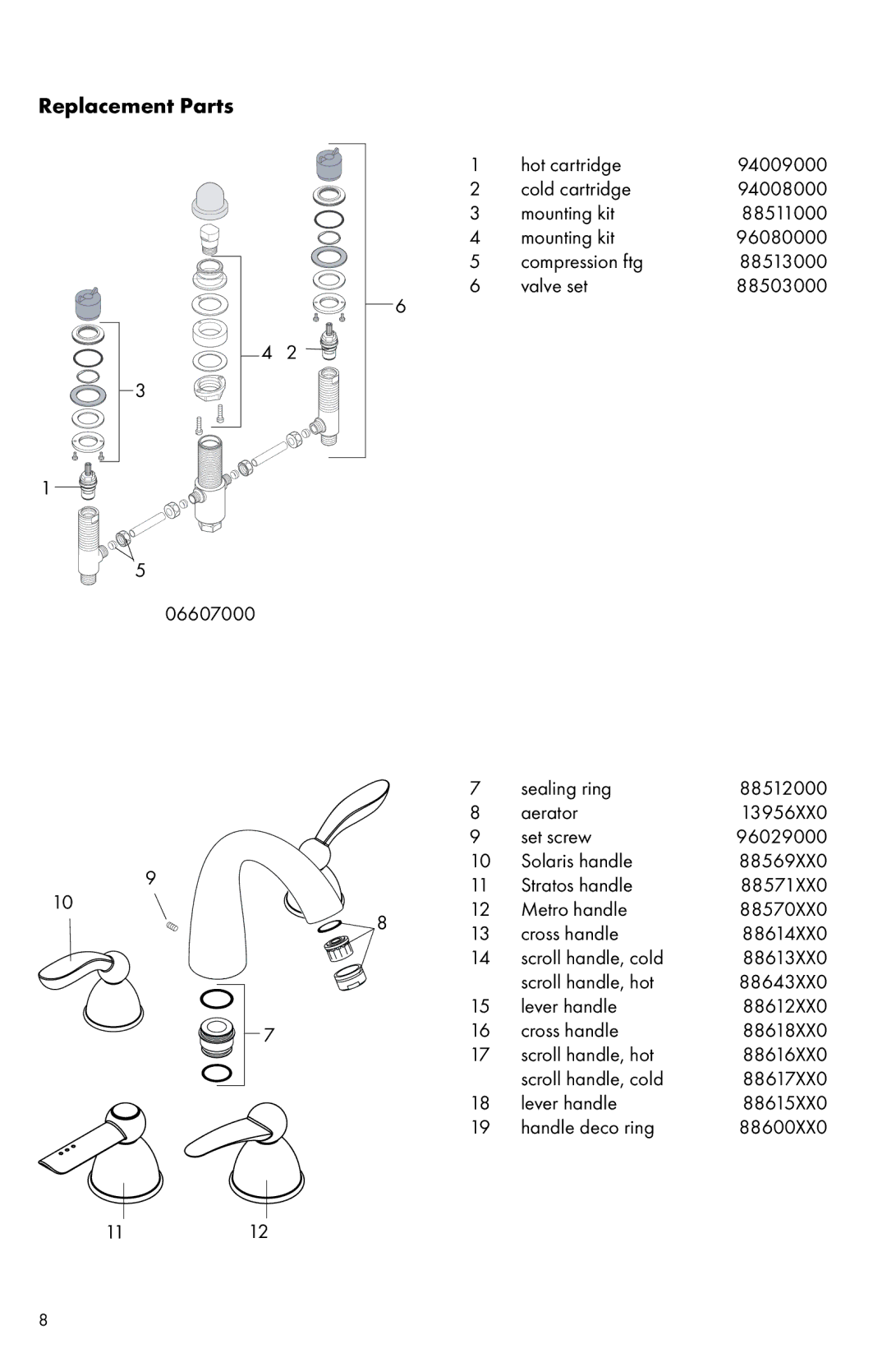 Hans Grohe 6607000 installation instructions Replacement Parts 